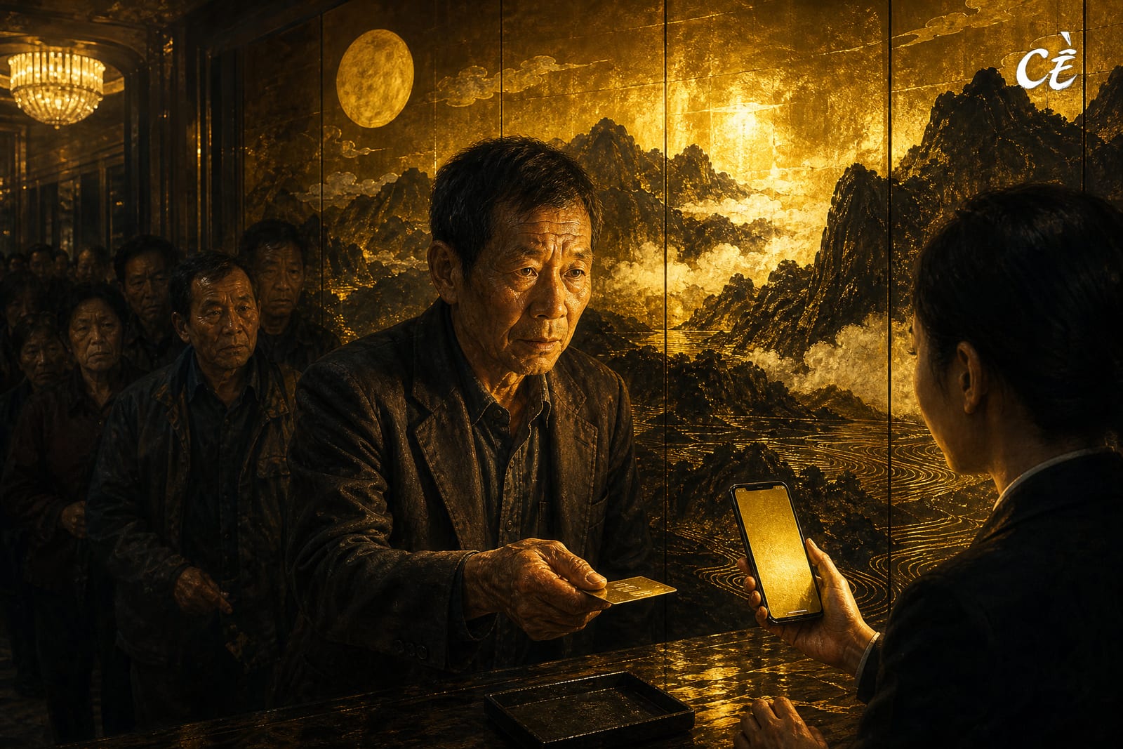 Painting of an older rural man in a borrowed jacket holding out his bank card at a hotel payment desk while a staff member raises a phone, a queue of older students waiting behind him