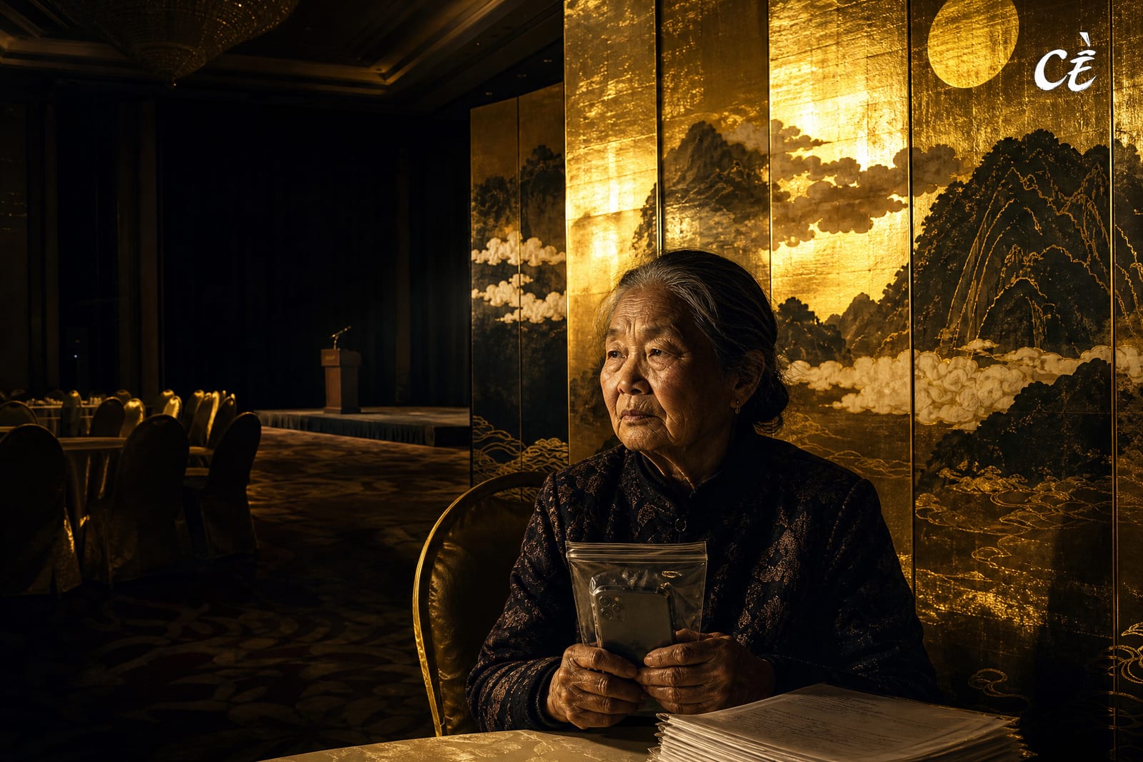Painting of an older rural woman alone at a banquet table in an emptied ballroom, holding the phone staff handed back to her in a plastic pouch